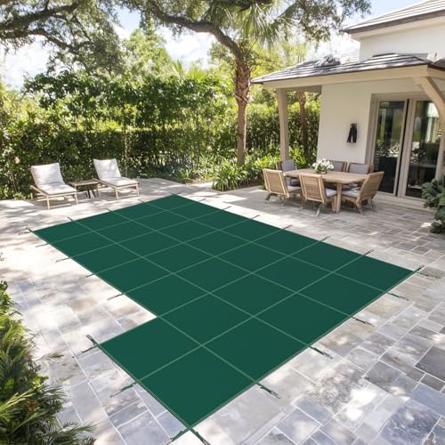 AMGO Sicherheitsabdeckung für den Inground Pool aus strapazierfähigem PP-Material, robuste Winter-Poolabdeckung für 6 x 12,2 m großen Innenpool unter starkem Wind mit 1,5 x 3 m rechter Stufe, Grün von Amgo