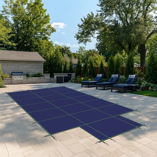 AMGO Sicherheitsabdeckung für den Innenpool, strapazierfähiges PP-Material, robuste Winter-Poolabdeckung für 4,9 x 9,8 m Innenpool unter starkem Wind, mit 1,5 x 3 m Mittelstufe, Blau von Amgo