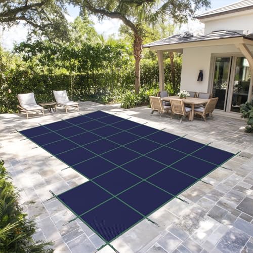 AMGO Sicherheitsabdeckung für den Innenpool, strapazierfähiges PP-Material, robuste Winter-Poolabdeckung für 5,5 x 11 m Innenpool unter starkem Wind mit 1,5 x 3 m rechter Stufe, Blau von Amgo