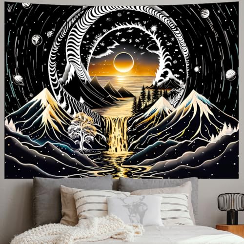 Amhokhui Schwarz-weißer Wandteppich, Motiv: Sonne, Berg, Sternennacht, ästhetischer Wandteppich, Trippy Fluss, Landschaft, Wandteppich, dunkle Wandbehang, Dekoration für Zuhause Amhokhui Schwarz-weißer Wandteppich, Motiv: Sonne, Berg, Sternennacht, ästhetischer Wandteppich, Trippy Fluss, Landschaft, Wandteppich, dunkle Wandbehang, Dekoration für Zuhause von Amhokhui
