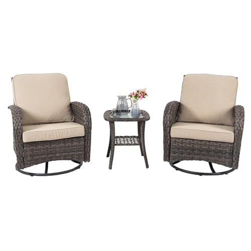 Amhuui Patio-Wicker-Stühle, Outdoor-Freizeitstühle mit abnehmbaren Kissen, Armlehne, können hin- und hergeschwungen und um 360° gedreht Werden, Essstühle für den Garten (2 Stühle 1 Tisch) von Amhuui