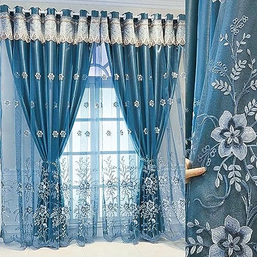 Amidoudou 1 Paar Europäische Doppelschicht Vorhänge Für Wohnzimmer Schlafzimmer Luxus Blume Gestickte Verdunkelungsvorhänge Mit Valance (Blau,140 x 230 cm)(BxH) von Amidoudou