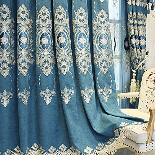 Amidoudou 1 Paar Europäische Luxuriöse Bestickte Vorhänge Für Wohnzimmer Schlafzimmer (Blau,2-Set H 260 x B 130 cm) von Amidoudou