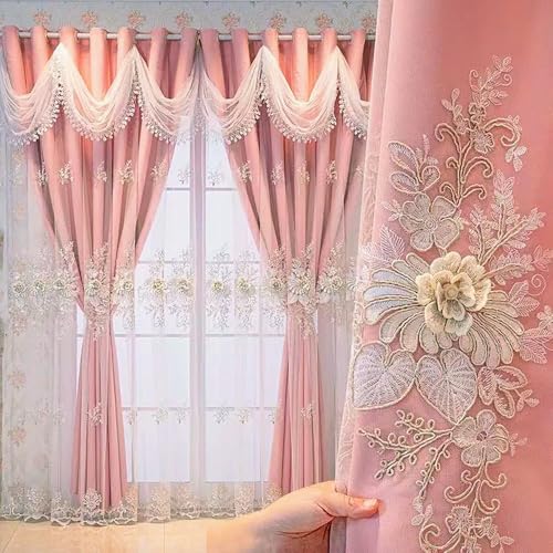 Amidoudou 1 Paar Luxus Europäische Vorhänge Mit Gewelltem Valance Für Wohnzimmer Schlafzimmer Doppelschicht Bestickte Vorhänge (Rosa,H260 x B140 cm (2er Pack)) von Amidoudou