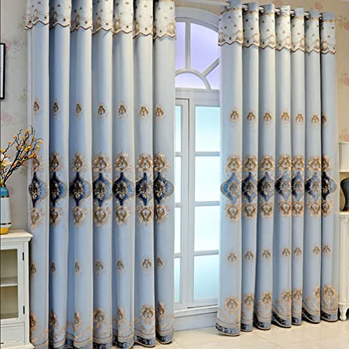 Amidoudou 1 Paar europäische, doppellagige Vorhänge mit durchsichtigen Vorhängen für Wohnzimmer Schlafzimmer Luxus bestickte Verdunkelungsvorhänge (blau, 132 x 244 cm) von Amidoudou