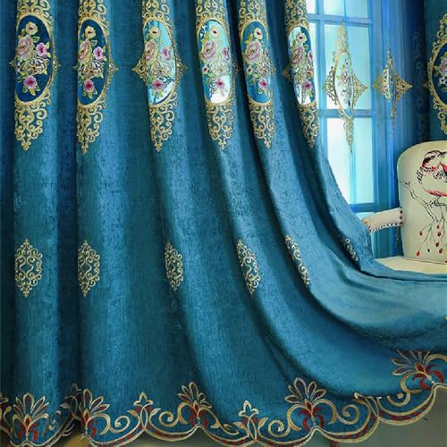 Amidoudou 1 Paar europäische Luxus-Jacquard-Hohlvorhänge bestickte Chenille-Vorhänge für Wohnzimmer Schlafzimmer (Königsblau, 130 x 228 cm) von Amidoudou
