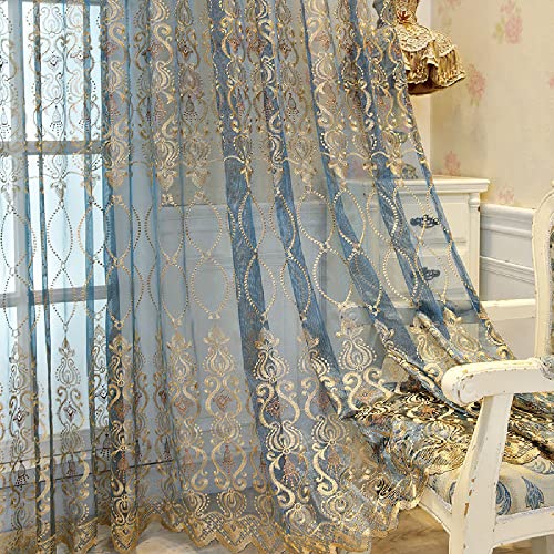 Amidoudou 1 Paar europäische Luxus-Tüllvorhänge für Wohnzimmer Schlafzimmer (blau, 137 x 228 cm) von Amidoudou