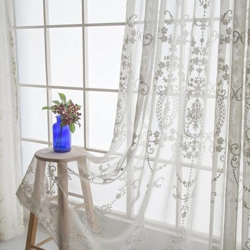 Amidoudou 2er-Set Vorhänge Mit Kräuselband Europäische Weiße Durchsichtige Tüllvorhänge Wohnzimmer Schlafzimmer Bestickte Tüllvorhänge (Weiß,H225 x B140 cm (2er Pack)) von Amidoudou