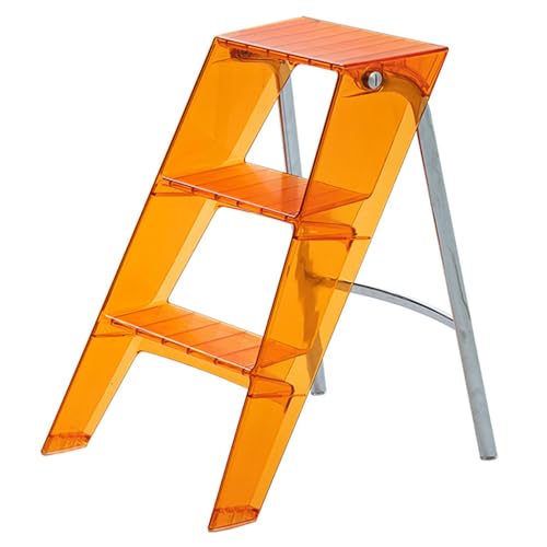 Acryl Trittleiter 3 Stufen Klappbar, Leiter 3 Stufen mit Rutschfester Plattform for Erwachsene Kinder, Klappbare Leicht Tragbar Stufenleiter Trittleiter Hocker Stuhl for Zuhause Büro(Orange) von Amieron