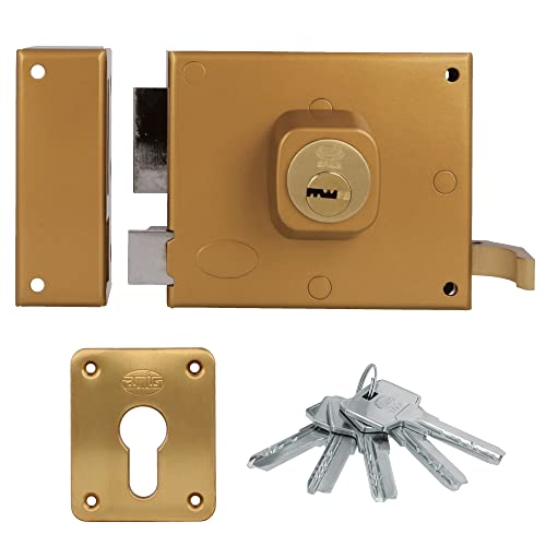 Amig - Klappschloss links mit Hebelverschluss, Zunge und Griff für Holztüren, Mod. 73 | 100 x 85 mm | Riegel mit Europrofilzylinder | Goldener Stahl Amig - Klappschloss links mit Hebelverschluss, Zunge und Griff für Holztüren, Mod. 73 | 100 x 85 mm | Riegel mit Europrofilzylinder | Goldener Stahl von Amig