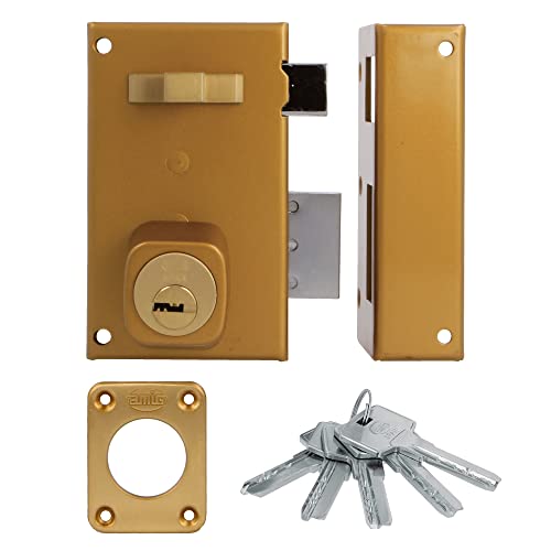 Amig - Rechts Übersetzschloss mit Schließhebel, Lasche und Griff für Holztüren, Modell 75 | 67 x 112 mm | runder Sicherheitszylinder | Goldstahl Amig - Rechts Übersetzschloss mit Schließhebel, Lasche und Griff für Holztüren, Modell 75 | 67 x 112 mm | runder Sicherheitszylinder | Goldstahl von Amig