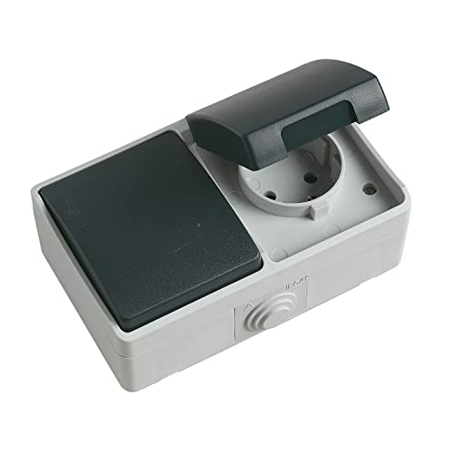 Amig - Überspannungsschalter mit Schuko-Basis | IP54 Wasserdicht | Drucktaster + Steckdose | Innen- & Außenbereich | Ideal für Garten & Garage | Schalter Aufputz, Bunt, Polycarbonat von Amig