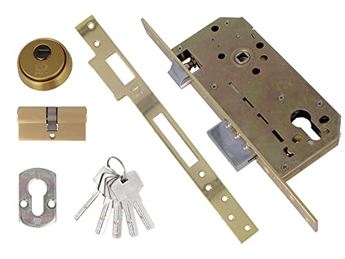 Amig - Einbauschloss Mod.200 mit Sicherheits- und Wappenzylinder + 5 Schlüssel | für Holztüren | mit wendbarem Drücker | für 8 mm Griffe | aus messingtem Stahl von Amig