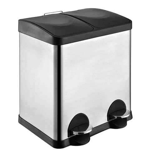 Amig - Doppelter Abfalleimer Recycling Mod. RECIK2 | Mit 2 Fächern und Öffnung mit Pedal | 48 x 32 x 40 cm | Fassungsvermögen 15 l pro Behälter | Hermetischer Deckel | Edelstahl versilbert von Amig
