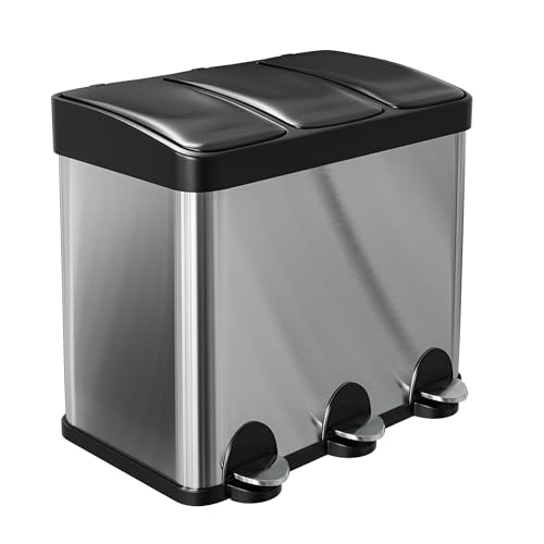 Amig - Dreifacher Mülleimer mit Pedalen 45 Liter Mod. RECIK3 | 3 herausnehmbare 15-Liter-Fächer | Recyclingbehälter für die Küche | Edelstahl | 60 x 37 x 49 cm | Silber von Amig