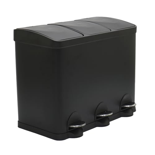 Amig - Dreifacher Mülleimer mit Pedalen 45 Liter Mod. RECIK3 | 3 herausnehmbare 15-Liter-Fächer | Recyclingbehälter für die Küche | Stahl | 60 x 37 x 49 cm | Mattschwarz von Amig