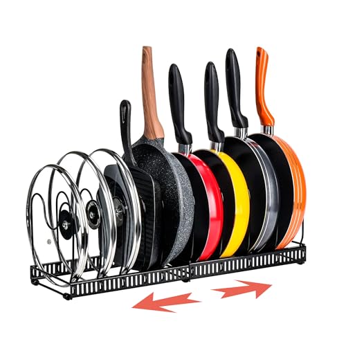 Amig - Erweiterbarer Pfannen-Organizer - 6 bis 10 Fächer - Schwarzer Stahl - Küchenaufbewahrung für Deckel und Pfannen - Größe 20 x 24 x 30-57 cm von Amig
