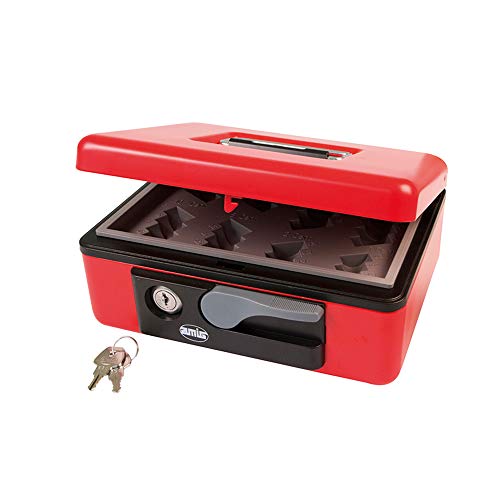 Amig - Geldkassette aus legiertem Stahl | Sicherheitsschloss mit 2 Schlüsseln | Herausnehmbares Münzfach | Robust & Stoßfest, Rot, 230x185x80 mm von Amig