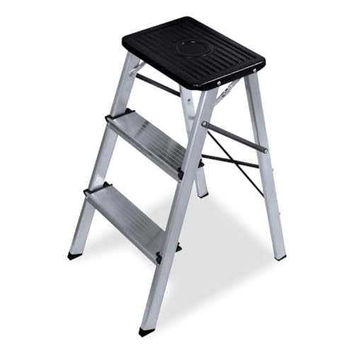 Amig - Kleine Klappleiter mit 3 Stufen | Hocker mit rutschfesten Stufen | Maximalgewicht 150 kg | Aluminium | Einfach zu verstauen von Amig