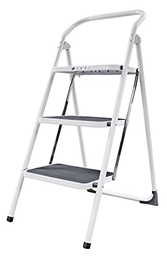 Amig - Kleine Leiter mit 3 Stufen | Faltbarer Hocker | Maße: 72 x 65 x 101 cm | Hocker mit DREI rutschfesten Stufen | Maximalgewicht 150 kg | Stahl | Weiß und Schwarz von Amig