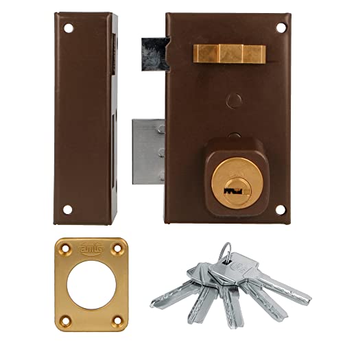 Amig Linksschloss mit Schließhebel, Lasche und Griff für Holztüren, Mod. 75, 67 x 112 mm, runder Sicherheitszylinder, Stahl, Braun Amig Linksschloss mit Schließhebel, Lasche und Griff für Holztüren, Mod. 75, 67 x 112 mm, runder Sicherheitszylinder, Stahl, Braun von Amig