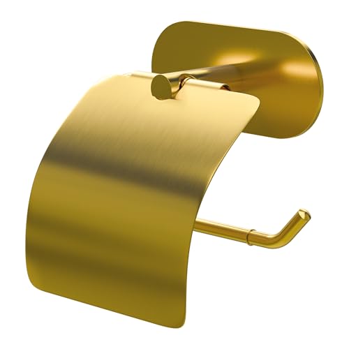 Amig - Selbstklebender Toilettenpapierhalter mit Deckel Mod. Ea-4 | WC-Rollenhalter Klebebefestigung ohne Schrauben | 140 x 125 mm | Edelstahl | Matt Gold von Amig