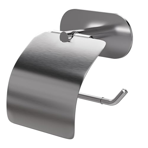 Amig - Selbstklebender Toilettenpapierhalter mit Deckel Mod. Ea-4 | WC-Rollenhalter Klebebefestigung ohne Schrauben | 140 x 125 mm | Edelstahl | Matt Silber von Amig