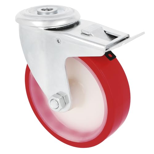 Amig - Set mit 4 Bremsrollen | Ø 125 mm | Drehbare Rollen mit Loch | Maximale Belastung 170 kg | Zum Bewegen schwerer Möbel | Rollenlager | Weißer Nylonkern | Rotes Polyurethan von Amig