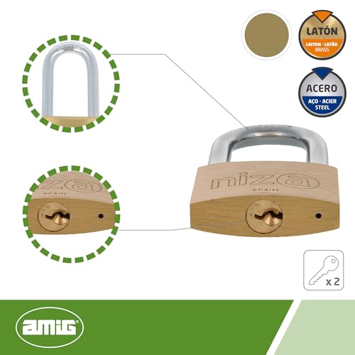 Amig - Sicherheitsschloss Mod. Niza AN | Vorhängeschloss mit normalem Bügel | Messing und Stahlbügel | 60 mm | Inklusive 2 Schlüssel | Für Spinde im Fitnessstudio, Türen, Schränke, etc. | Gold | Matt Amig - Sicherheitsschloss Mod. Niza AN | Vorhängeschloss mit normalem Bügel | Messing und Stahlbügel | 60 mm | Inklusive 2 Schlüssel | Für Spinde im Fitnessstudio, Türen, Schränke, etc. | Gold | Matt von Amig
