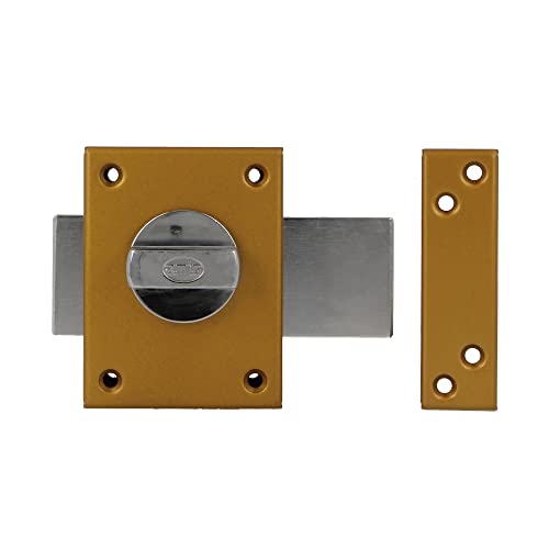 Amig - Überschlagschloss mit Hebelverschluss und Innenfeder, für Holztüren, Mod. 85 | 85 x 65 mm | Riegel mit rundem Sicherheitszylinder, emaillierter Stahl, Gold Amig - Überschlagschloss mit Hebelverschluss und Innenfeder, für Holztüren, Mod. 85 | 85 x 65 mm | Riegel mit rundem Sicherheitszylinder, emaillierter Stahl, Gold von Amig