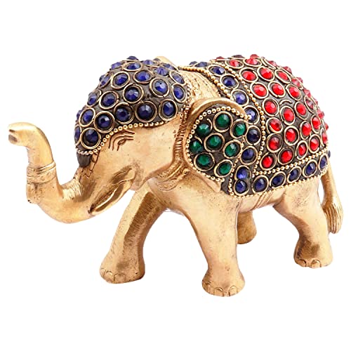 AMILAV Collection Dekofigur Elefant aus Messing, Idol "Airaavat, der göttliche Elefant", seltene Statue mit glitzernden Edelsteinen, Feng Shui Vastu Glücksbringer von Amilav Collections