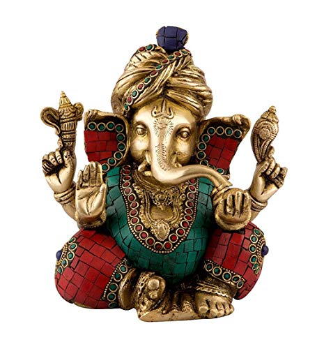 Amilav Collections Ganesh Statue Große Messing Ganesha Skulptur mit türkisem Werk von Amilav Collections