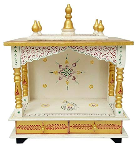 Amilav Collections Handbemalter hölzerner Heimtempel | Mandir für Zuhause, Büro und Geschenk | Pooja Mandir | Home Mandapam für Pooja religiös (1 Stück, Goldweiß) von Amilav Collections