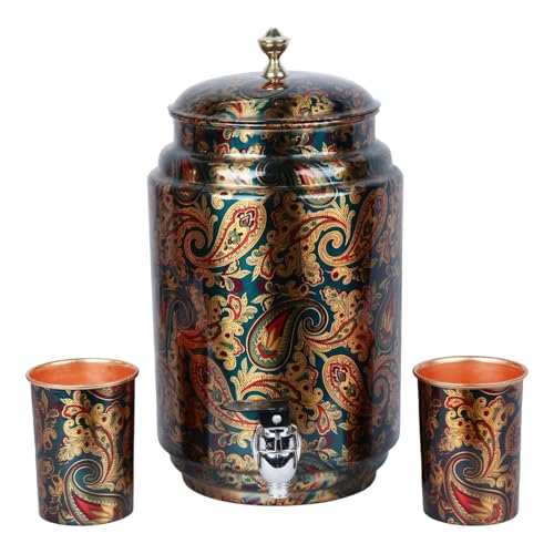 Amilav Collections Kupfer-Wasserspender, handgefertigt, Matka-Grün, bedruckt, 5 Liter, Behälter mit 2 Kupferglas und Ständer, reines Kupfer und Ayurveda-Gesundheitsvorteile (Lagerkapazität 5 Liter) von Amilav Collections
