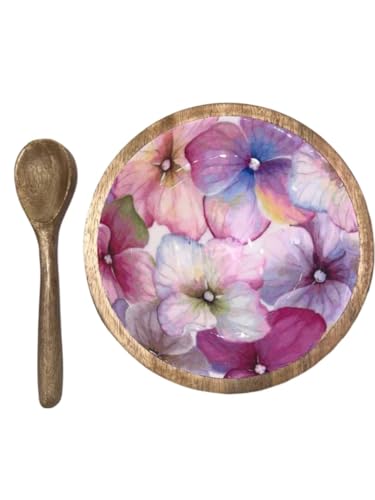 Holzschale zum Servieren von Salat, Snacks und trockenen Früchten, Mangoholzschale mit Emaille-Design, Blumendruck, bedruckte dekorative Schüssel mit Holzlöffel (2 Stück, mehrfarbig) von Amilav Collections