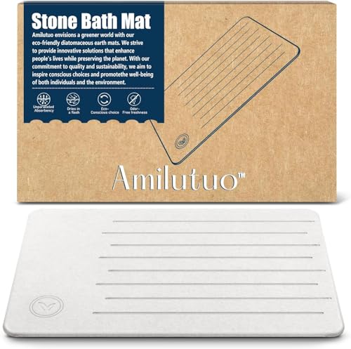 Amilutuo Badematte Stein, Diatomite Stone Bath Mat, rutschfeste Stein Badematte, Badematte Stein Schnelltrocknend, Werten Sie Ihr Badezimmer mit Dieser Saugfähigen Badematte (Grauweiß, 60 x 39 cm) von Amilutuo