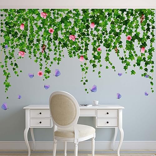 Amimagen Wandtattoo Grünen Hängenden Ranken und Blumen Wandaufkleber – Naturpflanzen Blumenblätter Wandsticker – Schlafzimmer Wohnzimmer Sofa TV Hintergrund Zuhause Wanddeko von Amimagen