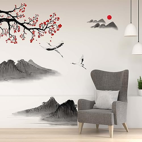 Amimagen Wandtattoo Landschaftsmalerei Japanischen Stil Wandaufkleber – Kirschblüten Wandsticker – Schlafzimmer Wohnzimmer Sofa TV Hintergrund Wanddeko von Amimagen