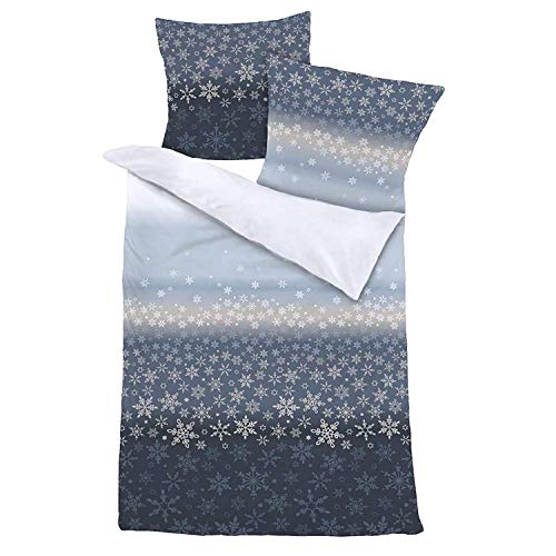 Aminata Kids Premium Biber-Wende-Bettwäsche-Set 200x200 cm + 2X Kopfkissen 80x80 cm Eiskristall-Motiv, blau, grau, Baumwolle, Reißverschluss, Winter-Motiv, Weihnachten, warm, weich Schneeflocken von Aminata-Home