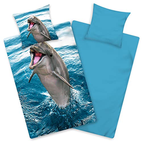 Aminata kids Bettwäsche 135x200 Baumwolle Delfin Kinder Jungen Mädchen Tier-Motiv Meer Tiere blau von Aminata kids