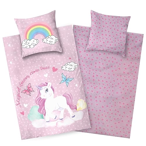 Aminata kids Bettwäsche 135x200 Kinder Einhorn Biber Flanell Baumwolle | rosa - Mädchen | 2- teilige warme & weiche Kinder-Wende-Bettwäsche-Set Regenbogen von Aminata kids