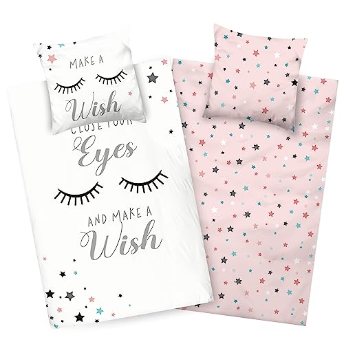 Aminata kids Bettwäsche 135x200 Sterne Wimpern Teenager Mädchen Baumwolle rosa weiß | YKK Reißverschluss | Wolke Spruch - Jugendliche Kinder-Wende-Bettwäsche-Set von Aminata kids