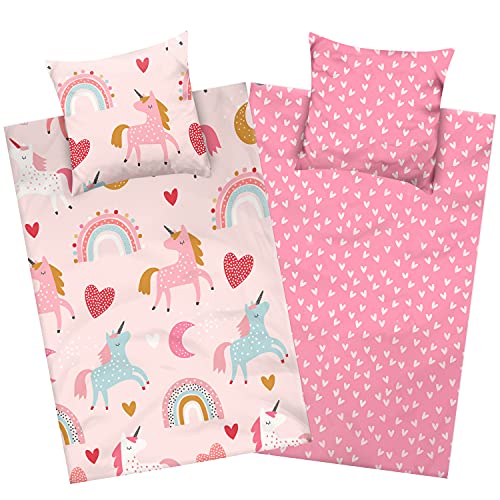 Aminata kids Biber Bettwäsche 135 x 200 Kinder Einhorn-Motiv Mädchen Flanell Baumwolle, Reißverschluss, Kinder-Wende-Bettwäsche-Set Unicorn, warm, weich & kuschelig, rosa pink, Flanellbettwäsche von Aminata kids