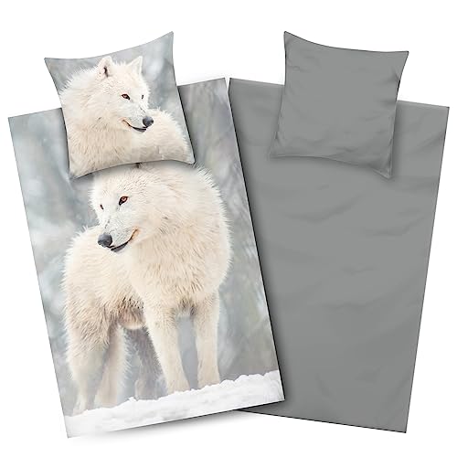 Aminata kids Biber Bettwäsche Wolf-Motiv 135x200 Flanell Baumwolle Winter-Landschaft Wald-Tiere weiß grau Schnee Kinder-Wende-Bettwäsche-Set warm & weich | Polar Mädchen Jungen von Aminata kids