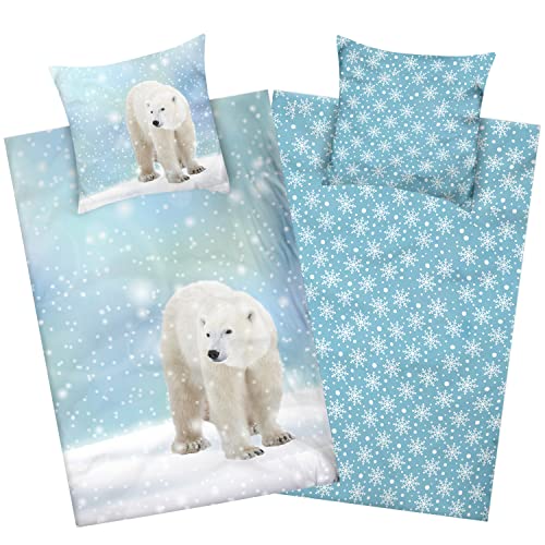 Aminata kids Biber Bettwäsche 135x200 Eisbär Flanell Baumwolle mit Reißverschluss - Kinder & Erwachsene - weiß blau - Tier-Motiv - Schneeflocken - Eisbärbettwäsche Winter-Tiere von Aminata kids