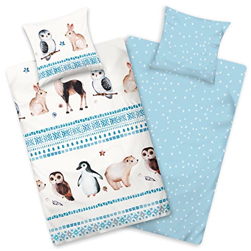 Aminata kids Biber Bettwäsche 135x200 Kinder Tier-Motiv Pinguin Eisbär Eule Baumwolle Reißverschluss, Kinder-Wende-Biber-Bettwäsche-Set Winter-Motiv, warm, weich, Polar-Tiere weiß blau von Aminata kids