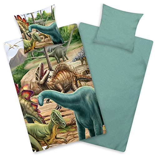 Aminata kids Biber-Bettwäsche Dinosaurier 135x200 cm + 80x80 cm, Baumwolle, Reißverschluss, Kinderbettwäsche mit Dino-Motiv, warm, weich & kuschelig, bunt, grün von Aminata kids