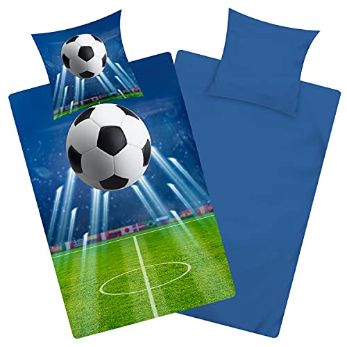 Aminata kids - Fußball Bettwäsche 135x200 Jungen - Fussball-Fan-Motiv Baumwolle - mit Reißverschluss - Wende Teenager-Kinder-Bettwäsche-Set in blau grün von Aminata kids