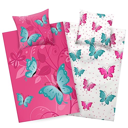Aminata kids Bettwäsche 135x200 Schmetterlinge Kinder Mädchen Baumwolle Schmetterling rosa pink | YKK Reißverschluss | Tier-Motiv Blumen - Kinder-Wende-Bettwäsche-Set von Aminata kids
