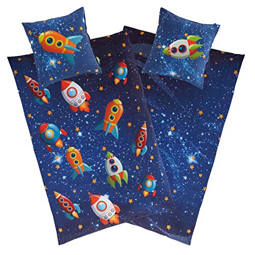 Aminata kids Kinderbettwäsche 135x200 Jungen Junge Kinder Weltall-Weltraum-Motiv Baumwolle mit YKK Reißverschluss, unser Jungs Kinder-Bettwäsche-Set mit Raketen & Universum, blau & bunt von Aminata kids